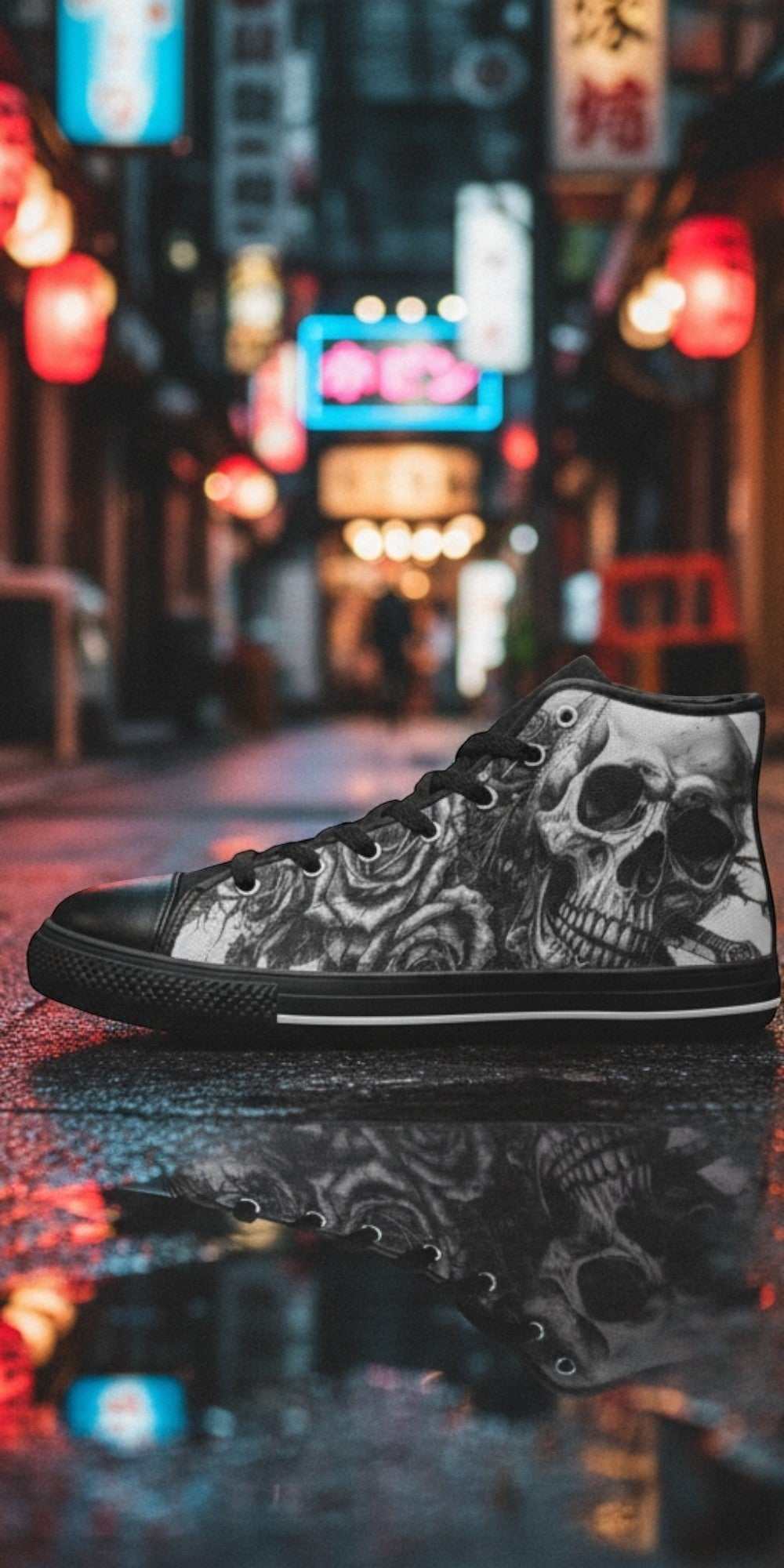 Custom Men's Grey Gothic Dark Skull Art high-top canvas shoes with bold all-over art — Freaky Shoes