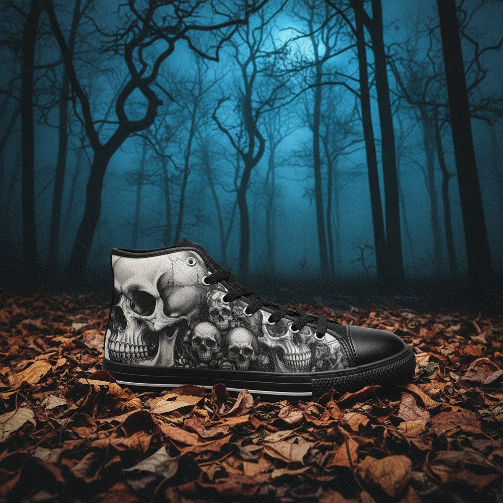 Men's Monochrome Gothic Skull Dark Art hand-made high-top canvas shoes — unique wearable art by Freaky Shoes