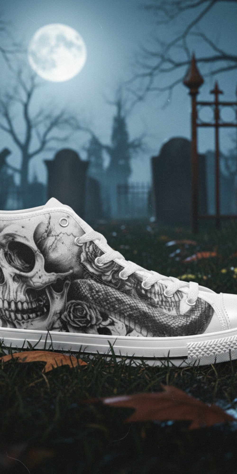 Custom Women's Skull Gothic Dark Art high-top canvas shoes with bold all-over art — Freaky Shoes