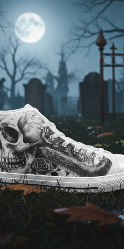 Custom Women's Skull Gothic Dark Art high-top canvas shoes with bold all-over art — Freaky Shoes