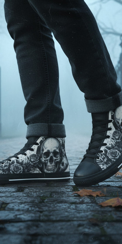 Freaky Shoes® gothic high top canvas sneakers featuring a grey skull and rose print on a cobblestone path.