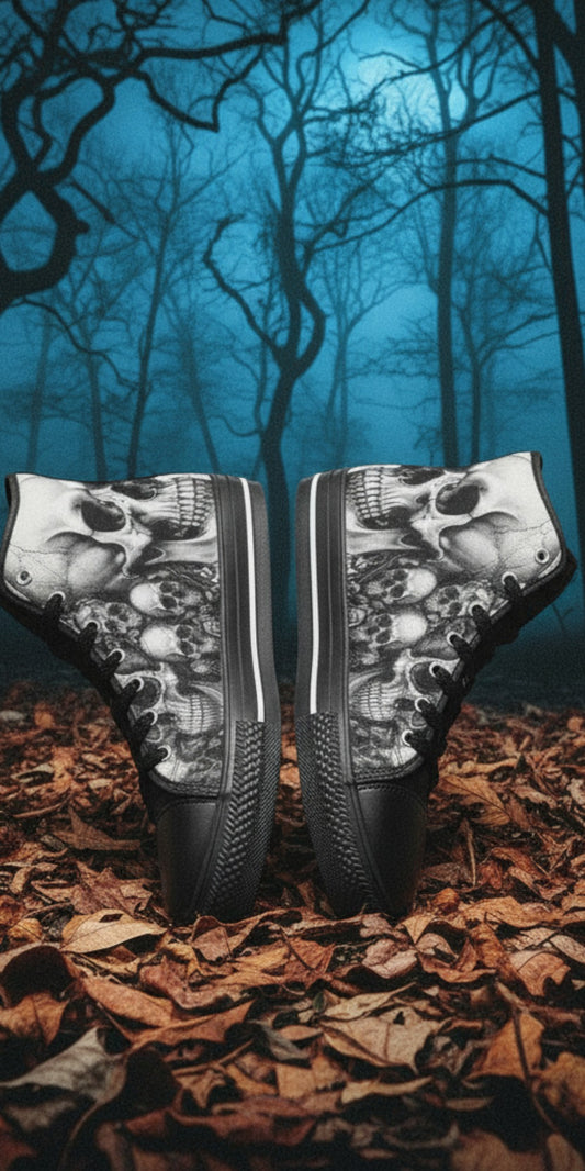 Freaky Shoes® monochrome gothic skull high top canvas sneakers with black rubber soles in a dark forest setting.