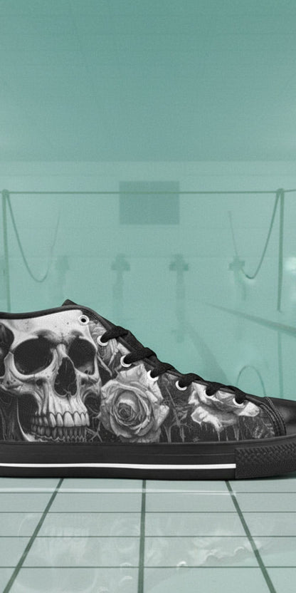 Women's Dark Greyscale Gothic Skull hand-made high-top canvas shoes — unique wearable art by Freaky Shoes