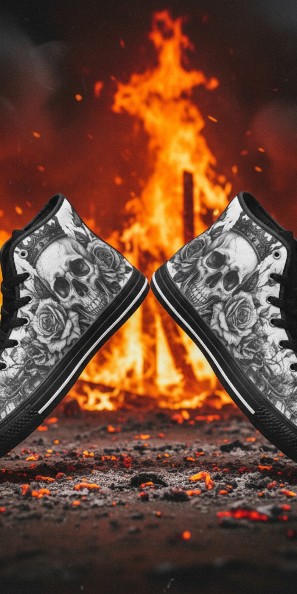 Men's Skull Monochrome Gothic Dark Art high-top canvas shoes, custom full-wrap printed design — Freaky Shoes
