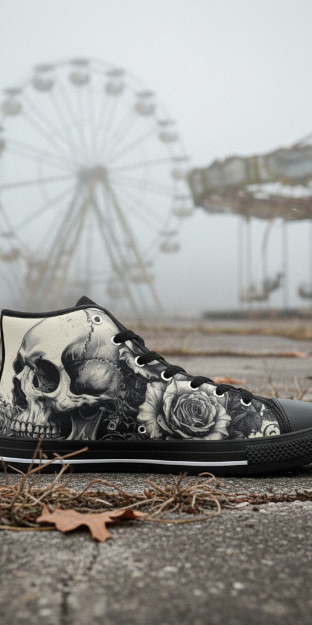 Women's Grey Skull Greyscale Gothic hand-made high-top canvas shoes — unique wearable art by Freaky Shoes