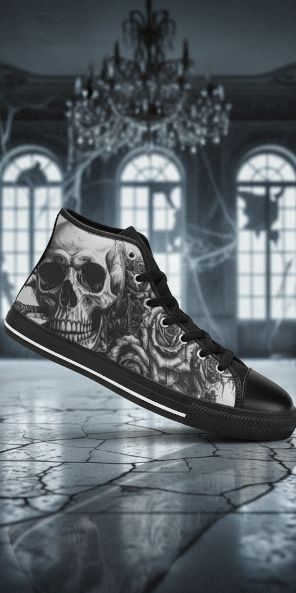 Women's Dark Skull Art Gothic custom high-top canvas shoes — wearable art by Freaky Shoes