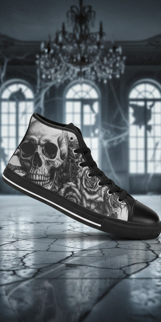 Women's Dark Skull Art Gothic custom high-top canvas shoes — wearable art by Freaky Shoes
