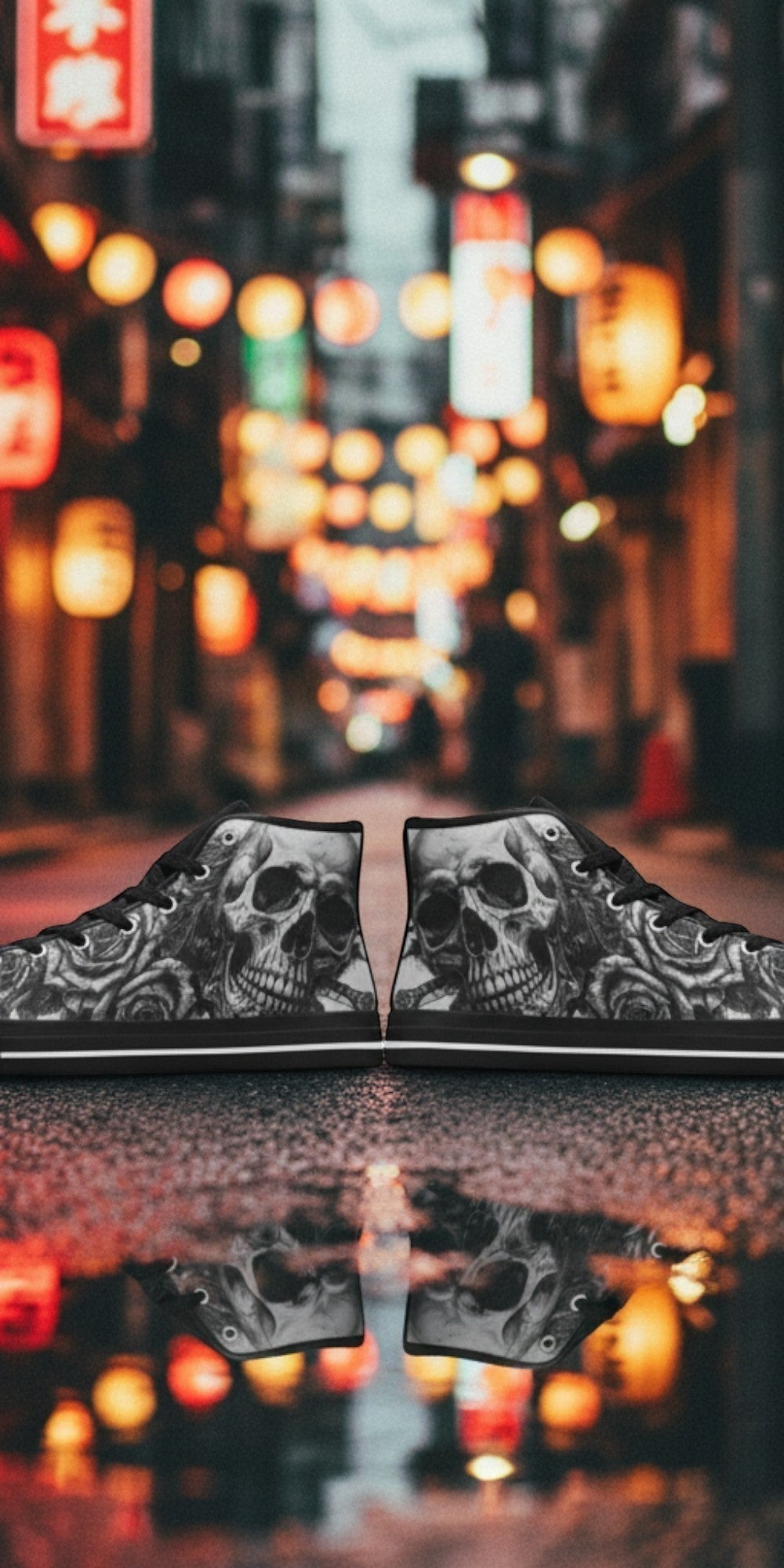 Men's Grey Gothic Dark Skull Art hand-made high-top canvas shoes — unique wearable art by Freaky Shoes