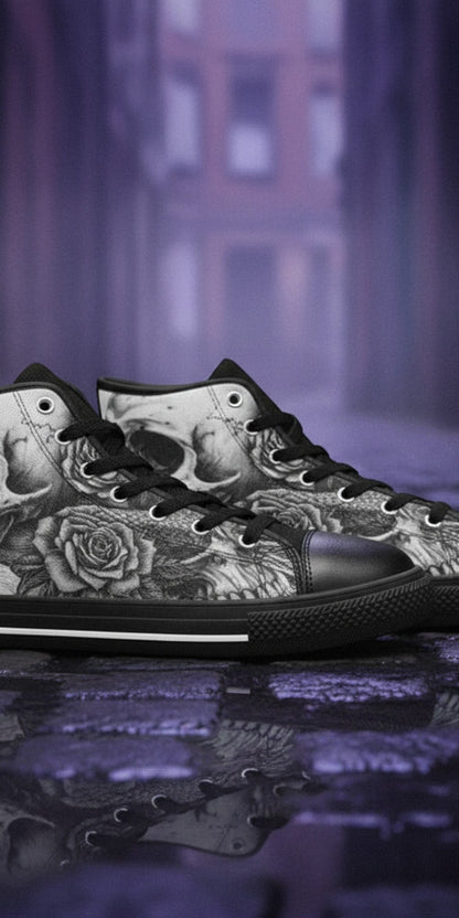 Women's Monochrome Skull Gothic Art hand-made high-top canvas shoes — unique wearable art by Freaky Shoes