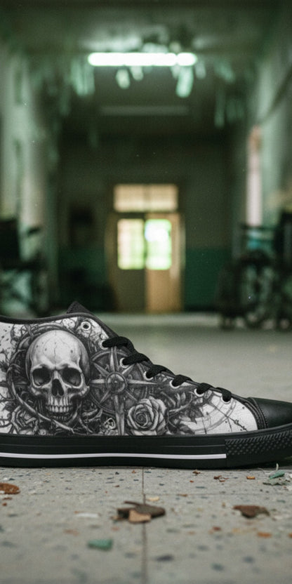 Custom Men's Dark Gothic Art Skull high-top canvas shoes with bold all-over art — Freaky Shoes