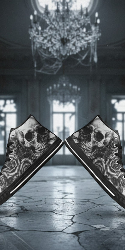 Custom Women's Dark Skull Art Gothic high-top canvas shoes with bold all-over art — Freaky Shoes