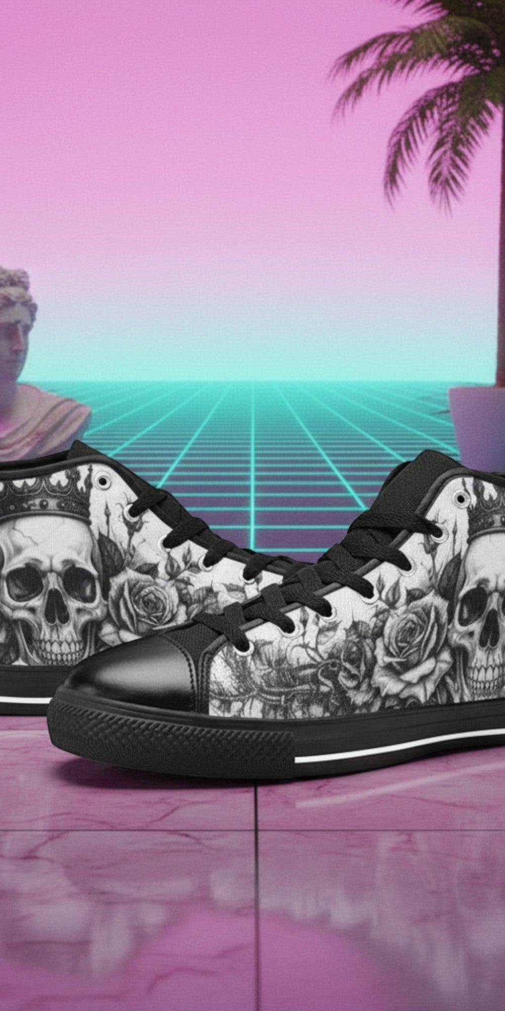 Custom Women's Horror Skull Dark Art Gothic high-top canvas shoes with bold all-over art — Freaky Shoes