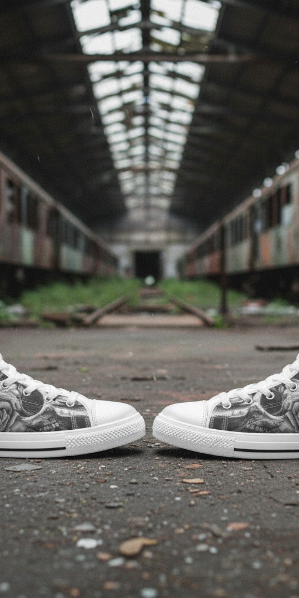 Men's Greyscale Skull Art Dark Gothic high-top canvas shoes — one-of-a-kind custom printed art, Freaky Shoes