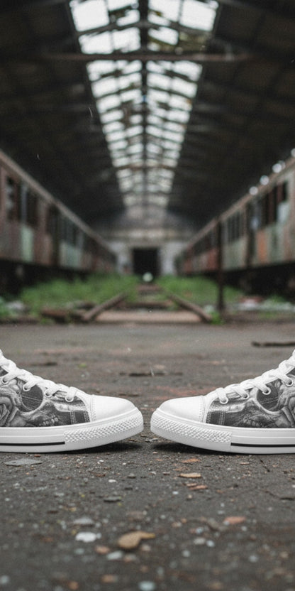 Men's Greyscale Skull Art Dark Gothic high-top canvas shoes — one-of-a-kind custom printed art, Freaky Shoes