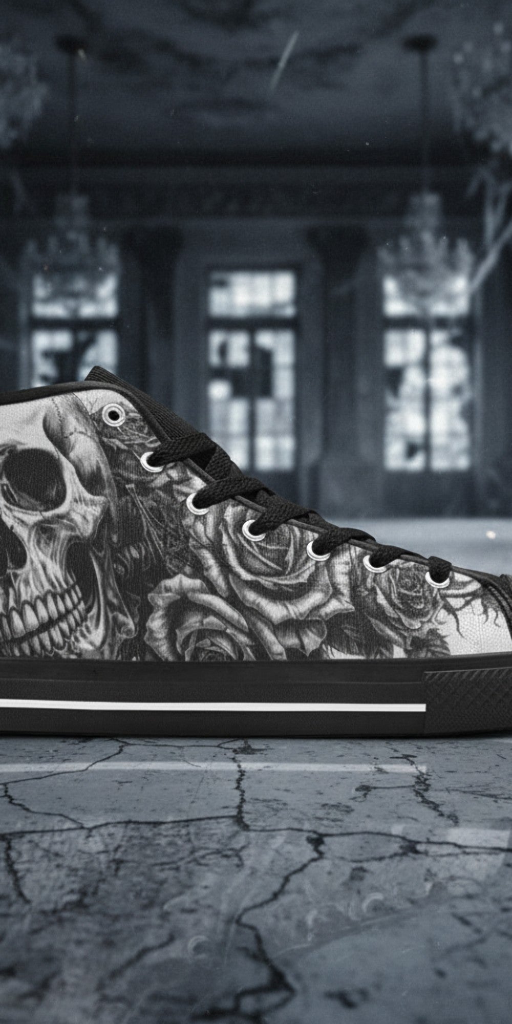 Women's Dark Skull Art Gothic high-top canvas shoes — one-of-a-kind custom printed art, Freaky Shoes