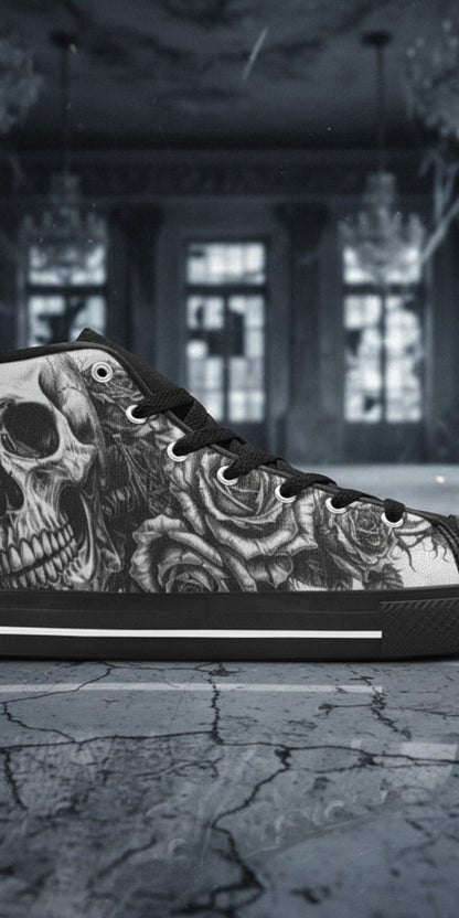 Women's Dark Skull Art Gothic high-top canvas shoes — one-of-a-kind custom printed art, Freaky Shoes