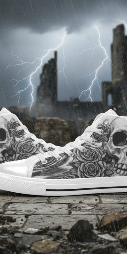 Custom Men's Skull Dark Gothic Art high-top canvas shoes with bold all-over art — Freaky Shoes
