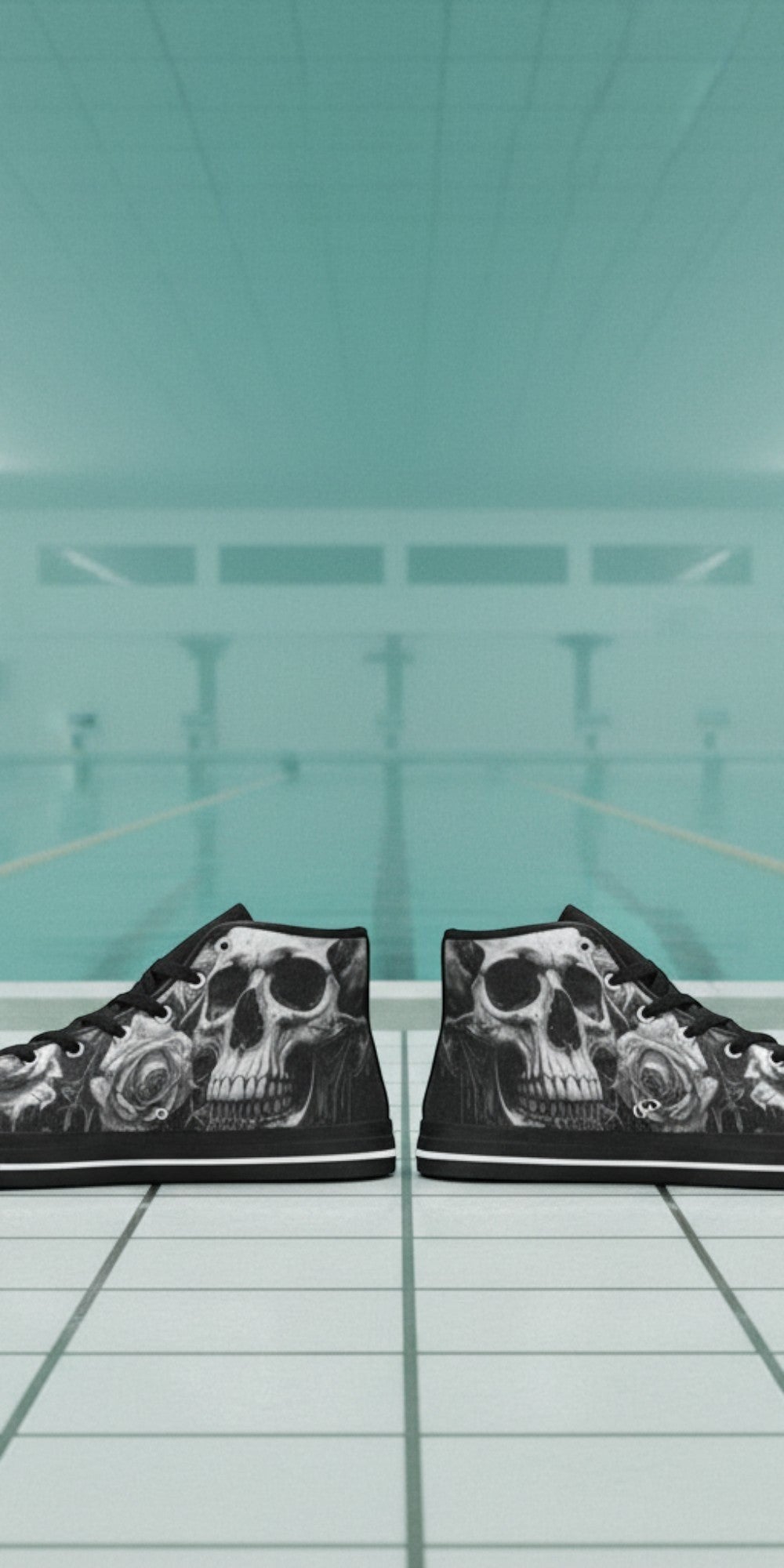 Women's Dark Greyscale Gothic Skull custom high-top canvas shoes — wearable art by Freaky Shoes