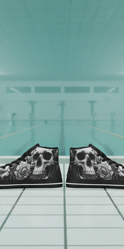 Women's Dark Greyscale Gothic Skull custom high-top canvas shoes — wearable art by Freaky Shoes
