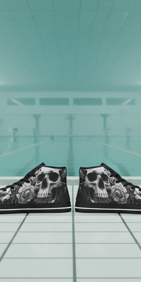 Freaky Shoes® men's high top canvas sneakers featuring a dark greyscale gothic skull and rose print on a pool deck.