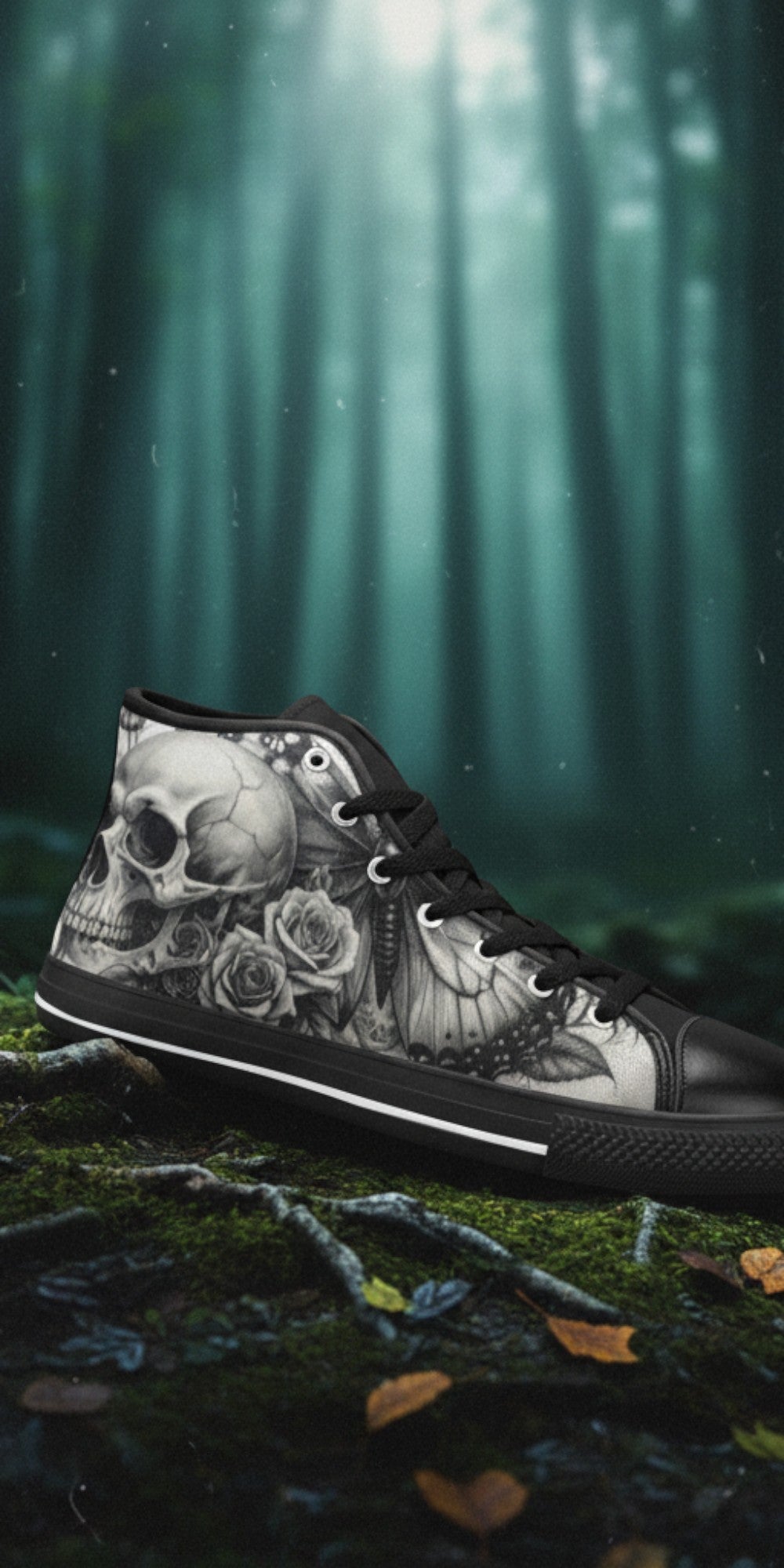 Women's Dark Skull Moon Gothic Dark Art high-top canvas shoes, custom full-wrap printed design — Freaky Shoes