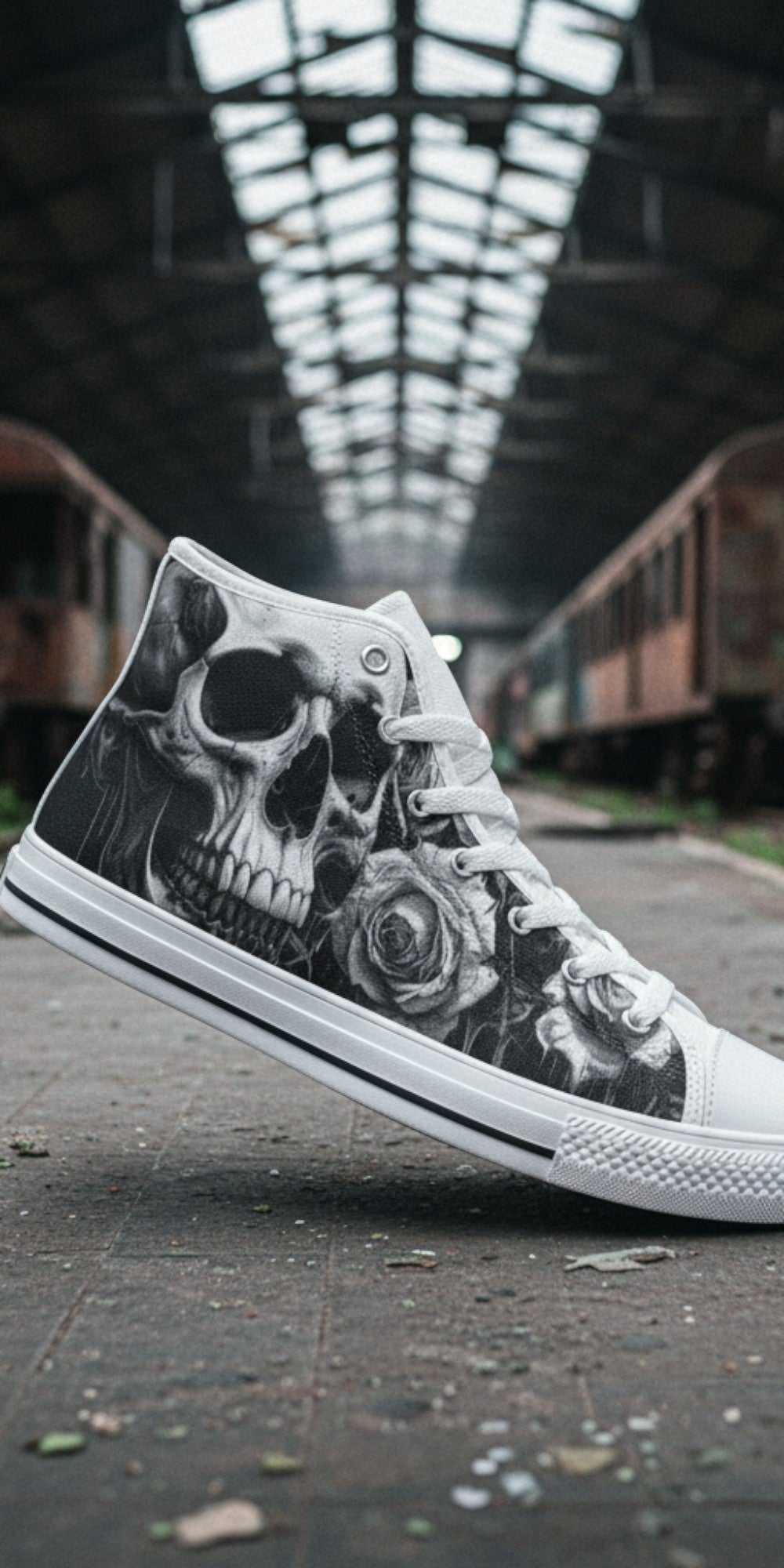 Men's Greyscale Skull Art Dark Gothic custom high-top canvas shoes — wearable art by Freaky Shoes