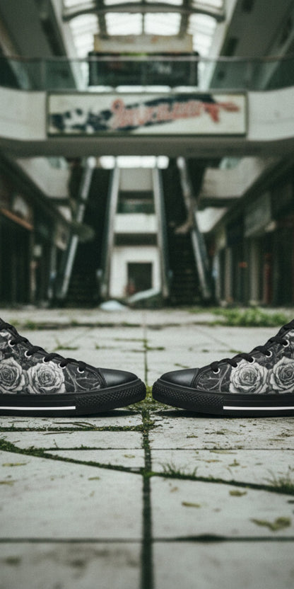 Men's Grey Skull & Wings Dark Gothic custom high-top canvas shoes — wearable art by Freaky Shoes