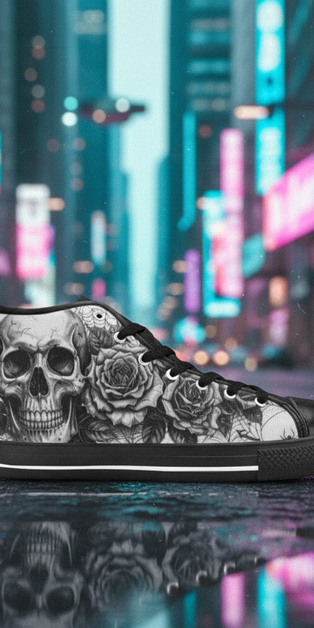 Custom Women's Dark Art Gothic Skull high-top canvas shoes with bold all-over art — Freaky Shoes