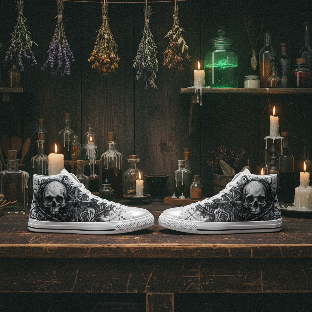 Women's Skull & Crown Gothic Dark Art high-top canvas shoes, custom full-wrap printed design — Freaky Shoes