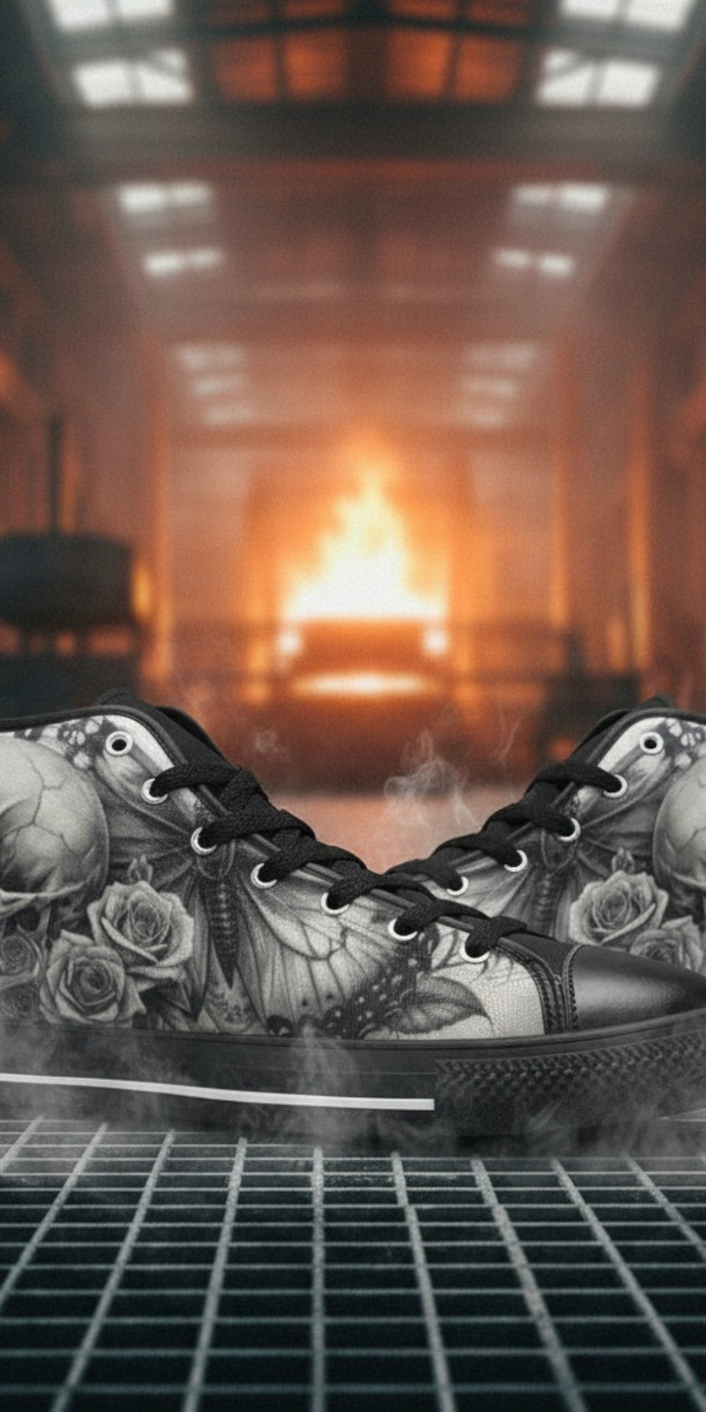 Men's Gothic Moon Skull Dark Art high-top canvas shoes — one-of-a-kind custom printed art, Freaky Shoes