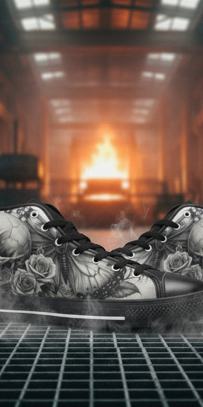 Men's Gothic Moon Skull Dark Art high-top canvas shoes — one-of-a-kind custom printed art, Freaky Shoes