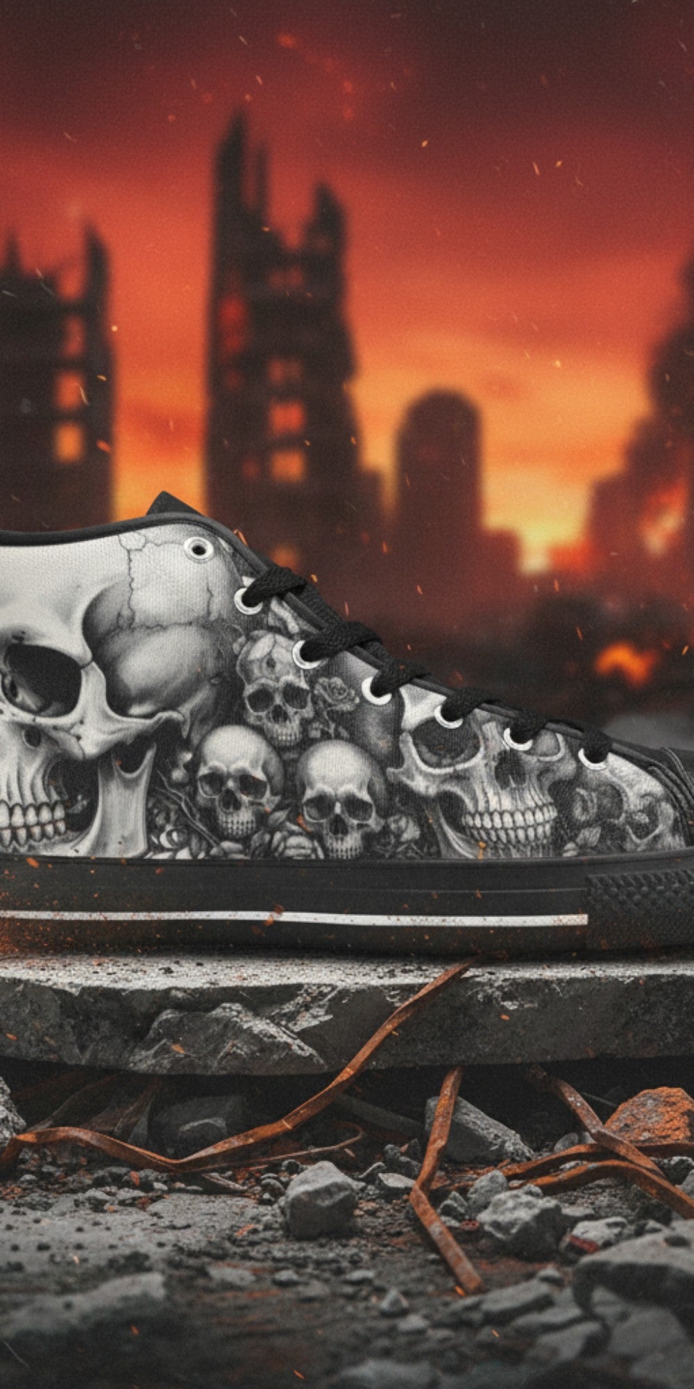 Custom Men's Dark Gothic Moon Skull high-top canvas shoes with bold all-over art — Freaky Shoes