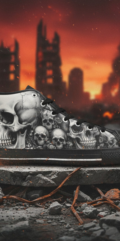 Custom Men's Dark Gothic Moon Skull high-top canvas shoes with bold all-over art — Freaky Shoes