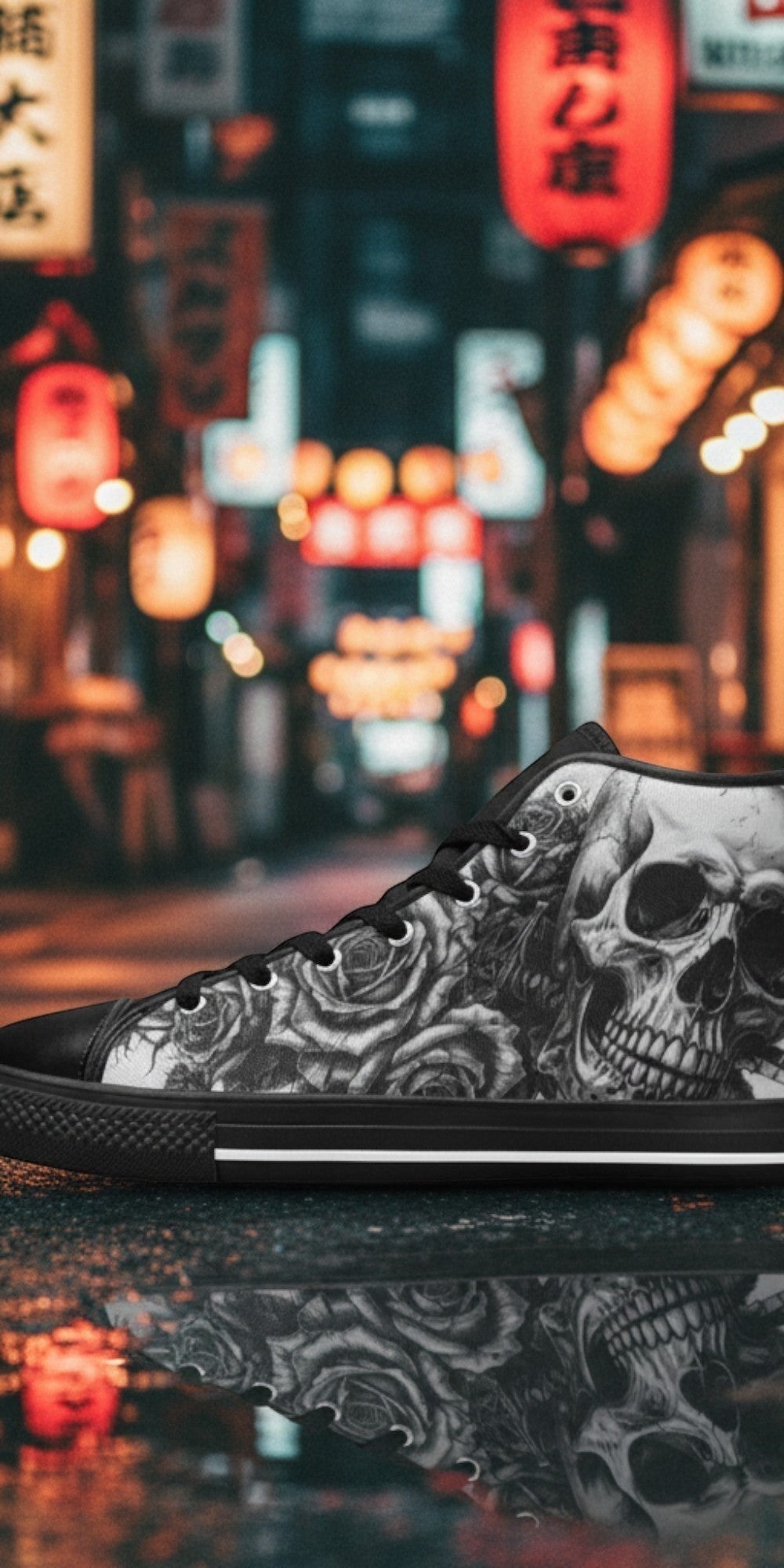 Men's Grey Gothic Dark Skull Art high-top canvas shoes — one-of-a-kind custom printed art, Freaky Shoes