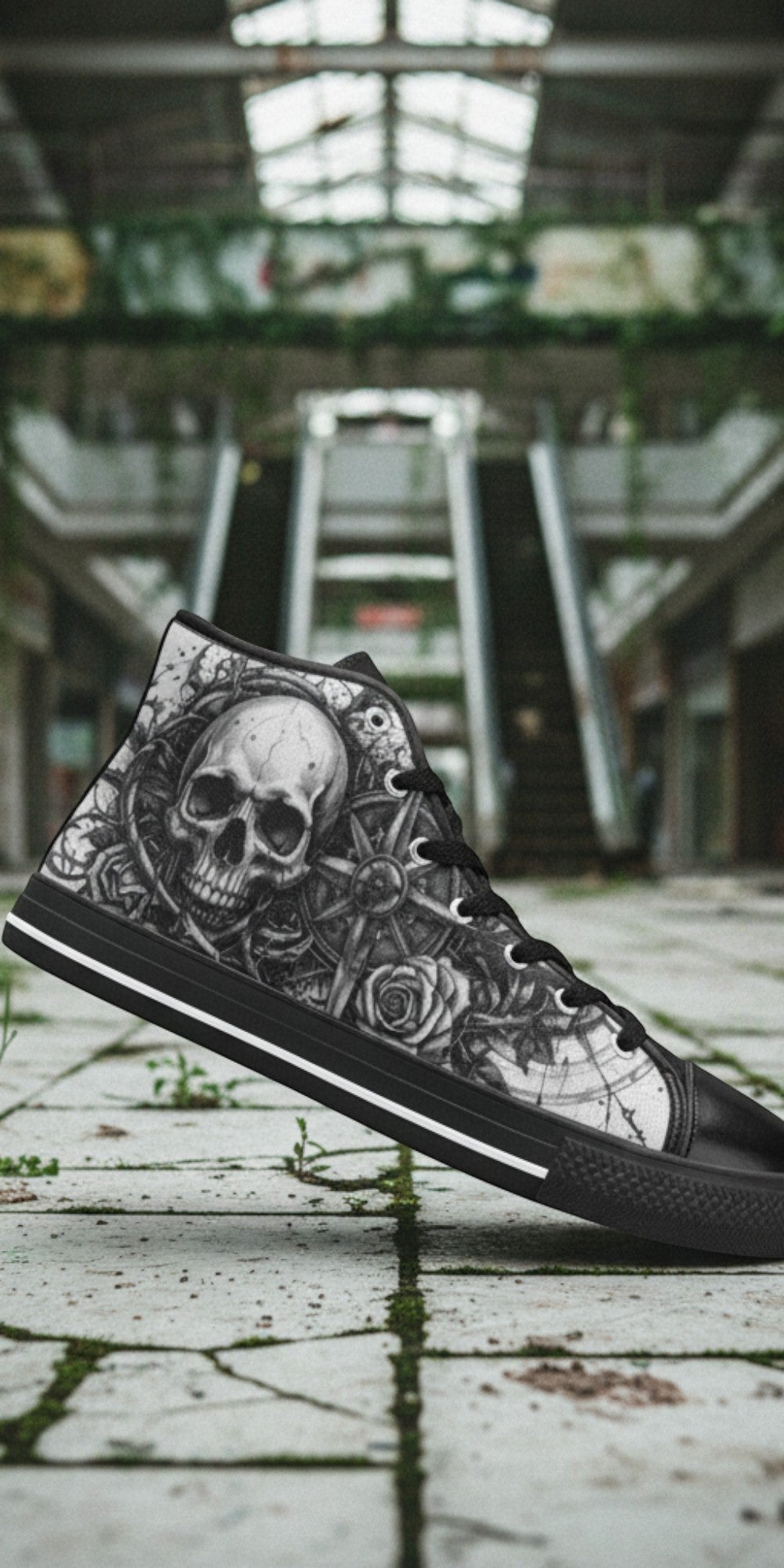 Women's Dark Gothic Skull hand-made high-top canvas shoes — unique wearable art by Freaky Shoes