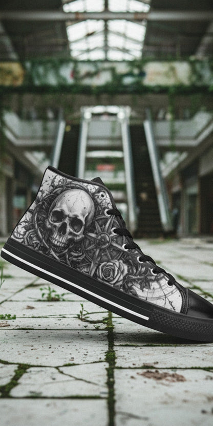 Women's Dark Gothic Skull hand-made high-top canvas shoes — unique wearable art by Freaky Shoes