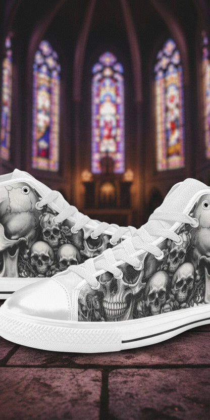 Women's Dark Skull Gothic Art hand-made high-top canvas shoes — unique wearable art by Freaky Shoes