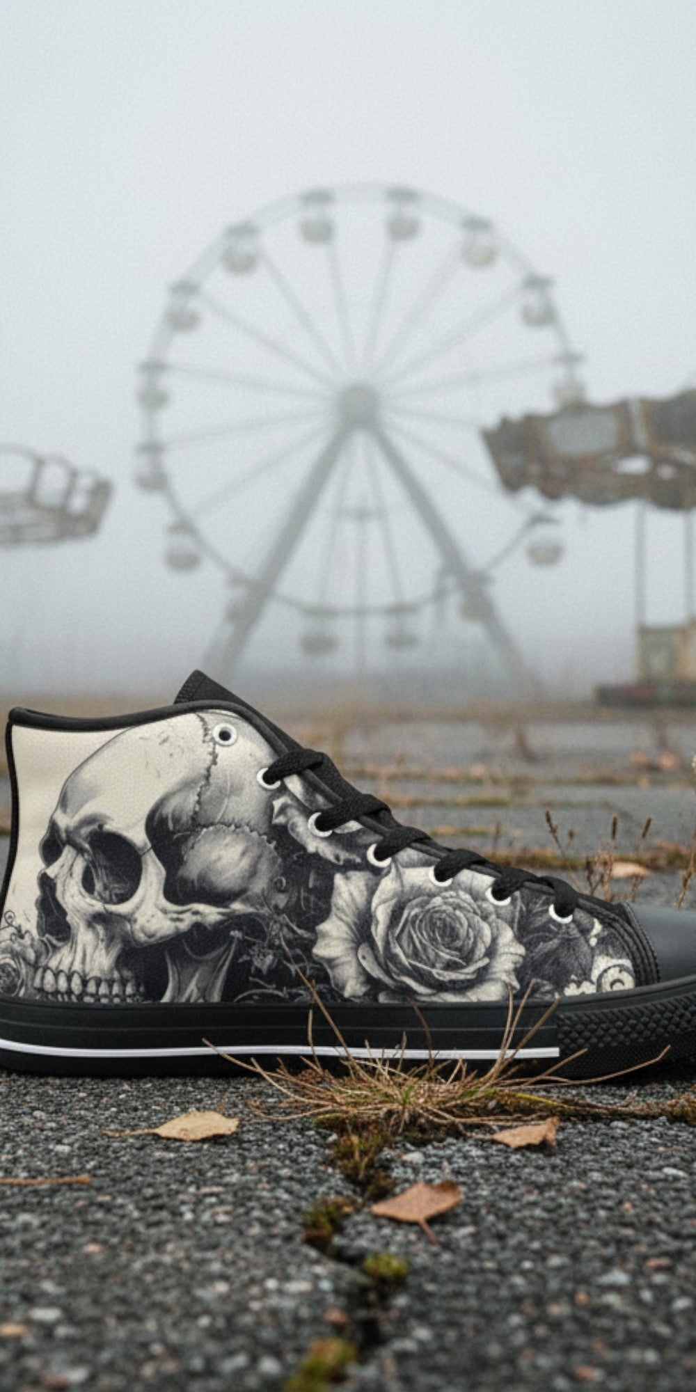Women's Grey Skull Greyscale Gothic hand-made high-top canvas shoes — unique wearable art by Freaky Shoes