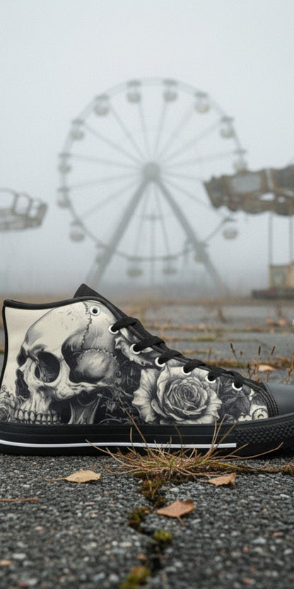 Women's Grey Skull Greyscale Gothic hand-made high-top canvas shoes — unique wearable art by Freaky Shoes