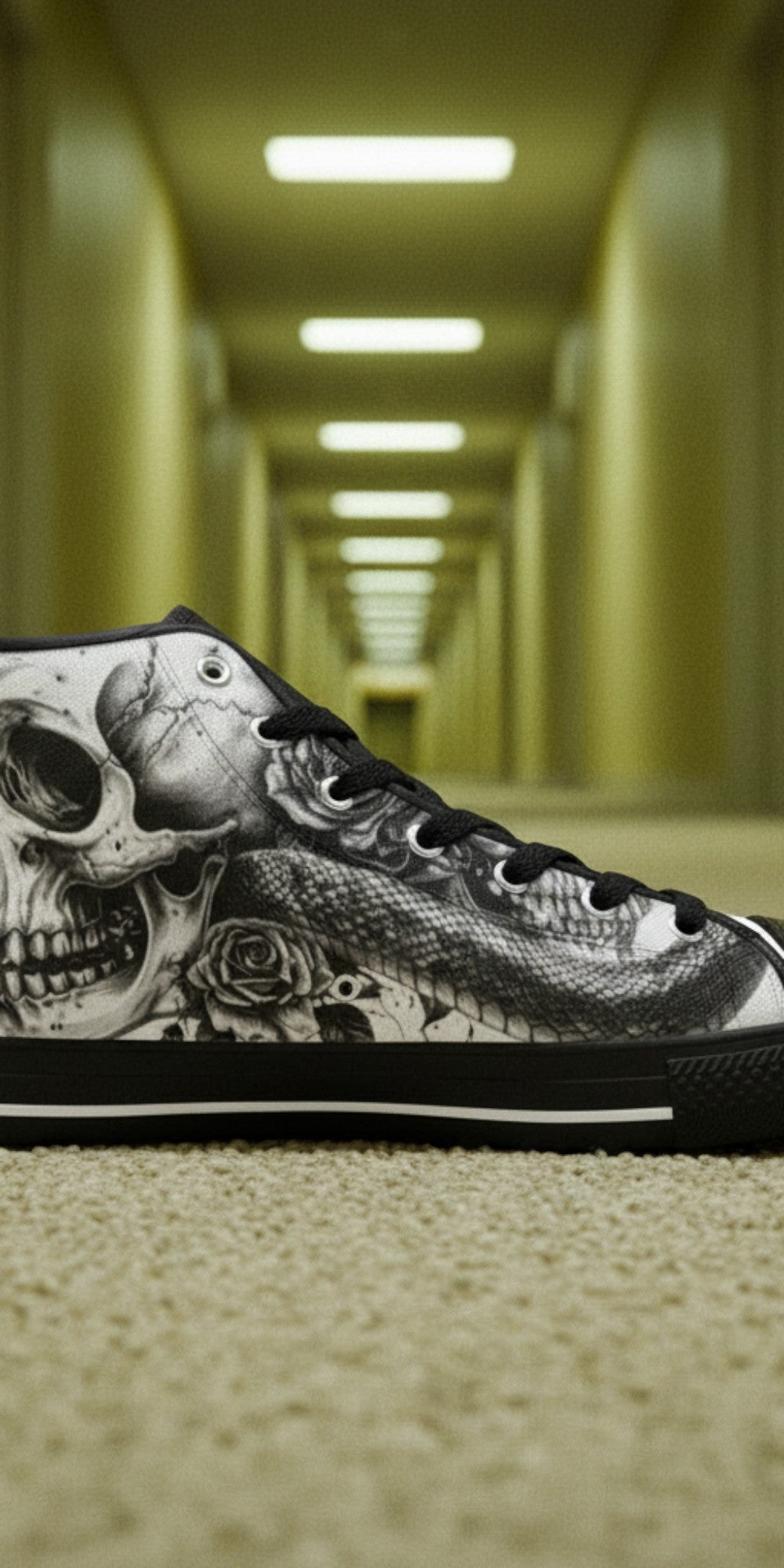 Men's Grey Skull Goth Dark hand-made high-top canvas shoes — unique wearable art by Freaky Shoes
