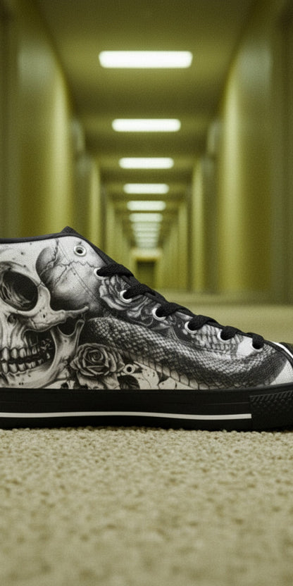 Men's Grey Skull Goth Dark hand-made high-top canvas shoes — unique wearable art by Freaky Shoes
