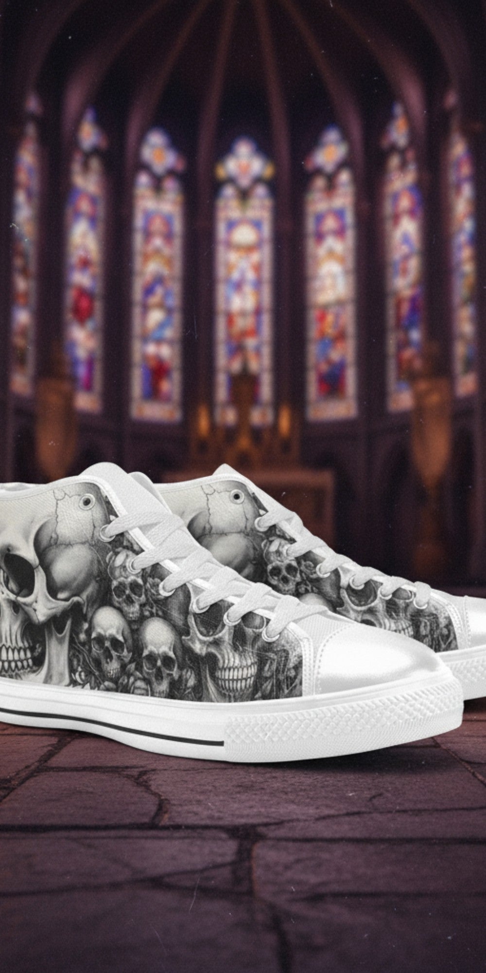 Women's Dark Skull Gothic Art hand-made high-top canvas shoes — unique wearable art by Freaky Shoes