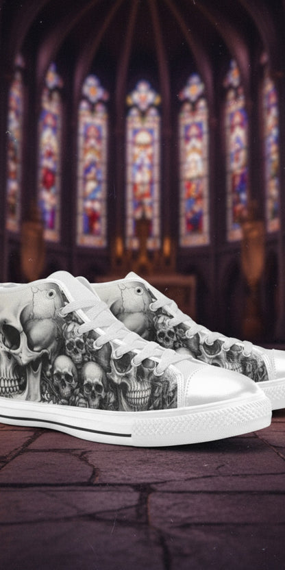 Women's Dark Skull Gothic Art hand-made high-top canvas shoes — unique wearable art by Freaky Shoes