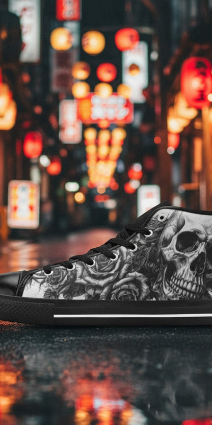 Men's Grey Gothic Dark Skull Art custom high-top canvas shoes — wearable art by Freaky Shoes