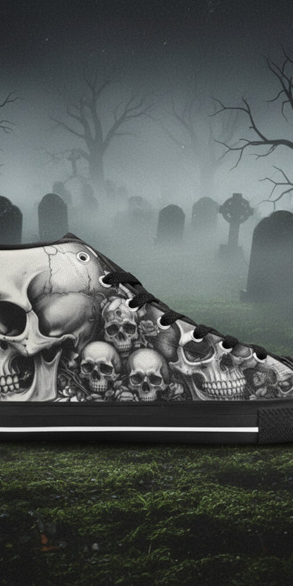 Custom Women's Dark Rose Grey Skull Gothic high-top canvas shoes with bold all-over art — Freaky Shoes