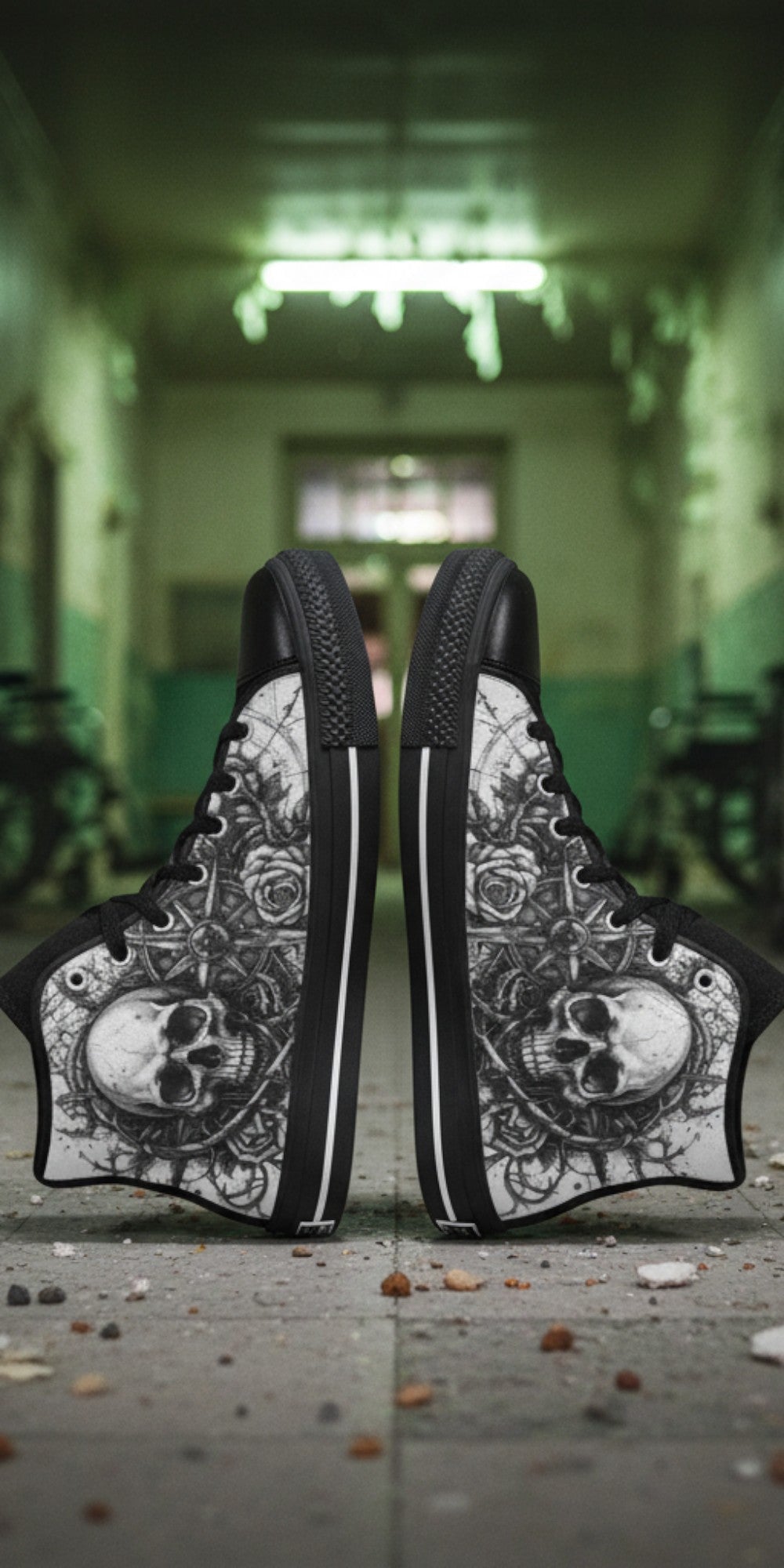Men's Dark Gothic Art Skull high-top canvas shoes — one-of-a-kind custom printed art, Freaky Shoes