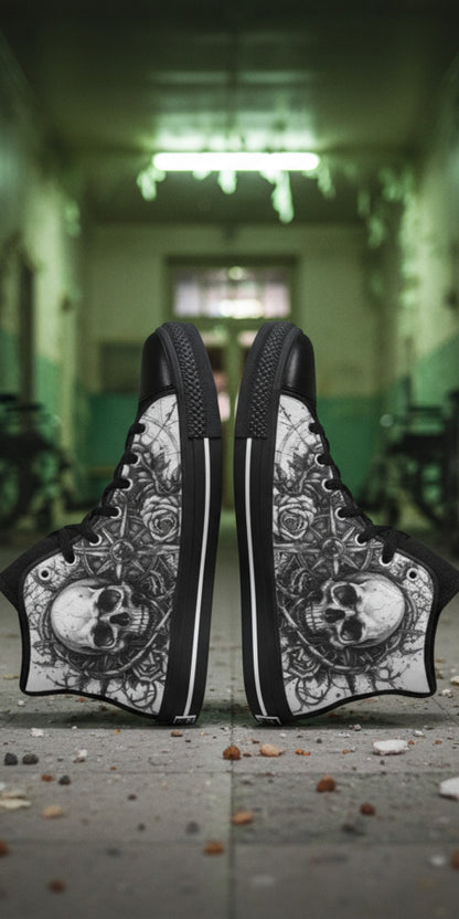 Men's Dark Gothic Art Skull high-top canvas shoes — one-of-a-kind custom printed art, Freaky Shoes