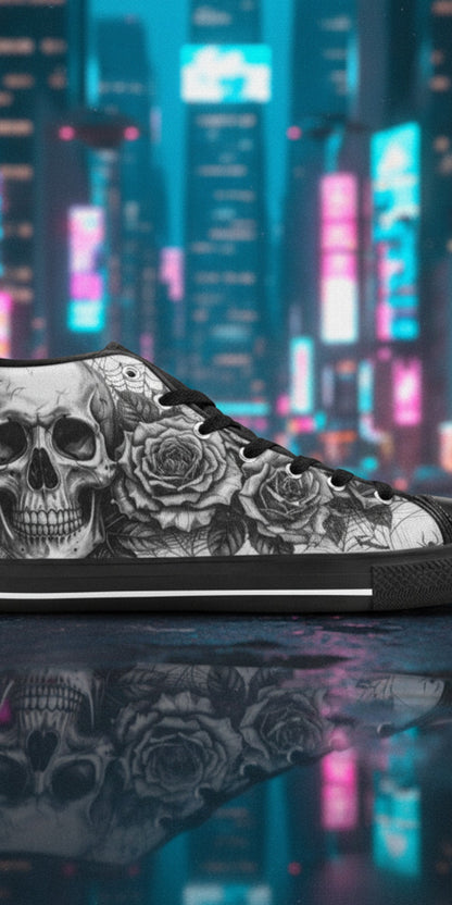 Women's Dark Art Gothic Skull high-top canvas shoes — one-of-a-kind custom printed art, Freaky Shoes