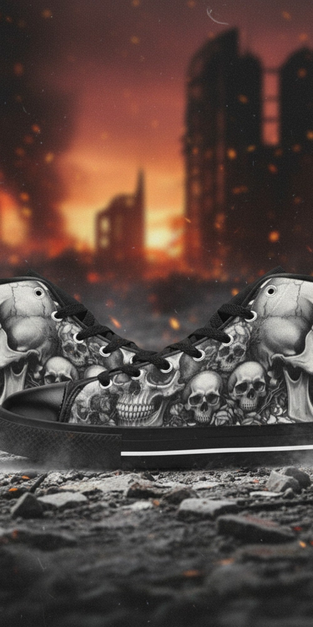 Men's Dark Gothic Moon Skull hand-made high-top canvas shoes — unique wearable art by Freaky Shoes