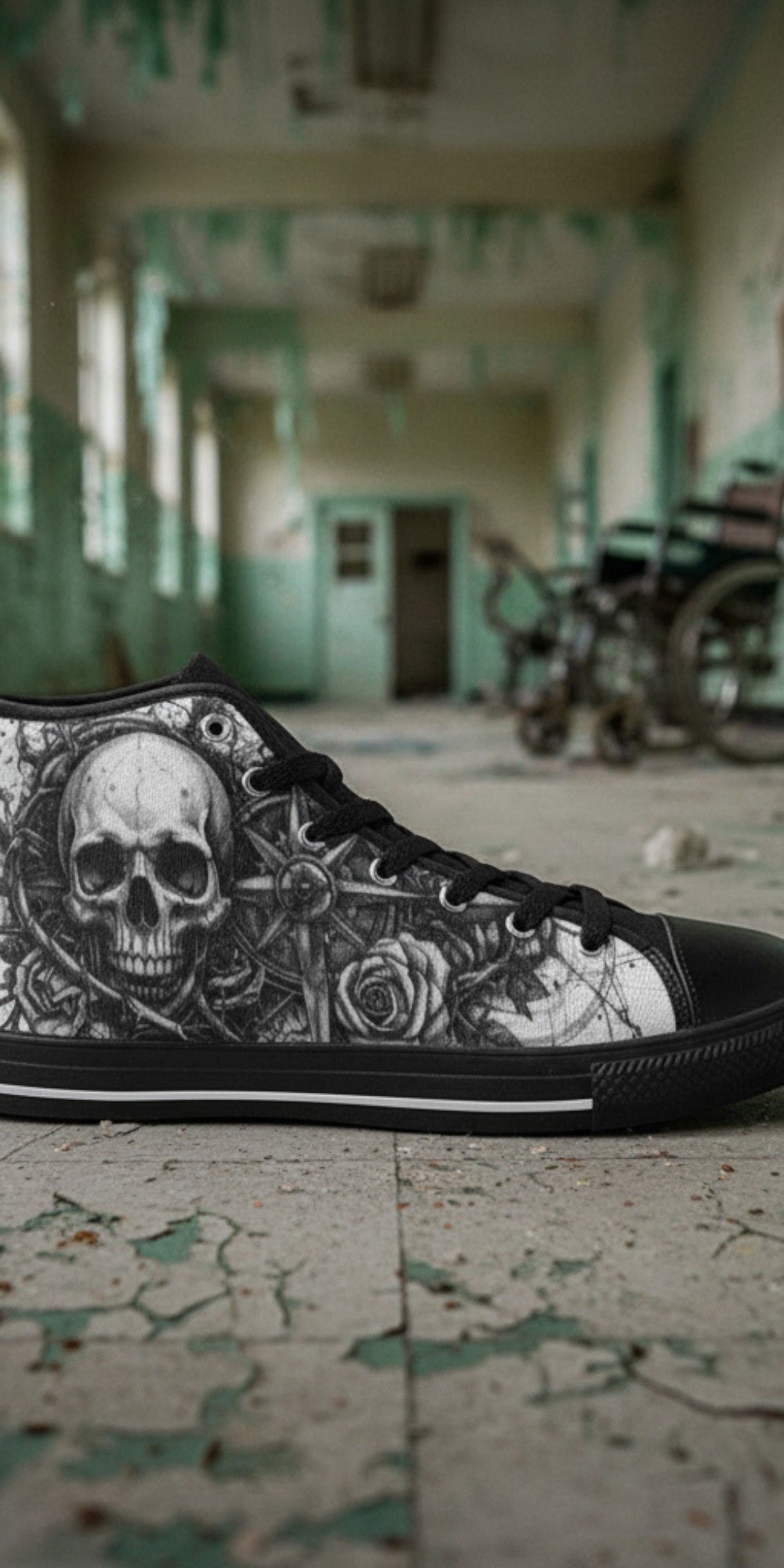 Custom Men's Dark Gothic Art Skull high-top canvas shoes with bold all-over art — Freaky Shoes